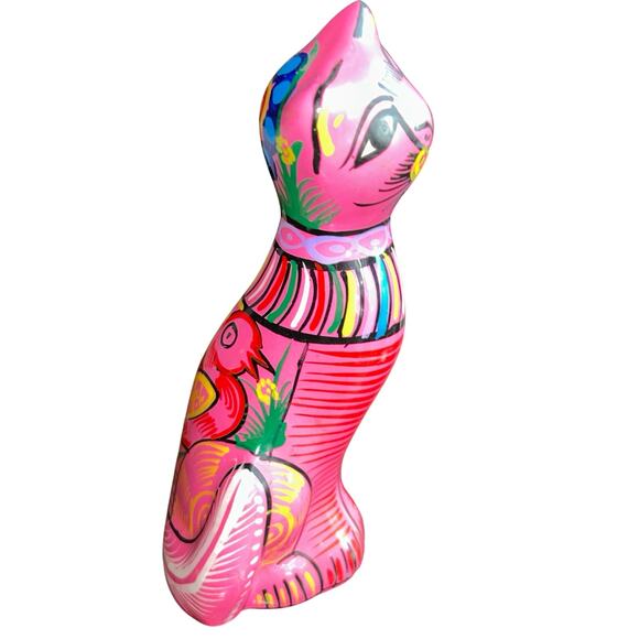 Vintage hand-painted ceramic Mexican folk art cat figurine pink Talavera style - Picture 4 of 6